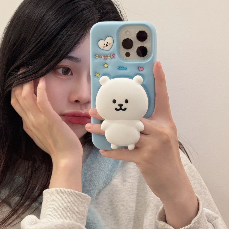 White Self-Deprecating Bear Stand + Blue iPhone Case