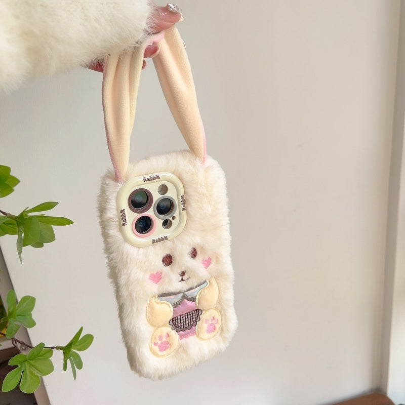 White Big-Ear Bunny Plush iPhone Case With Convertible Strap Ears