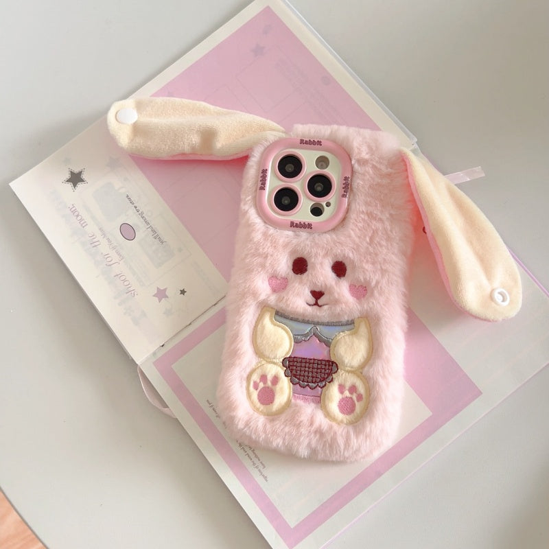White Big-Ear Bunny Plush iPhone Case With Convertible Strap Ears