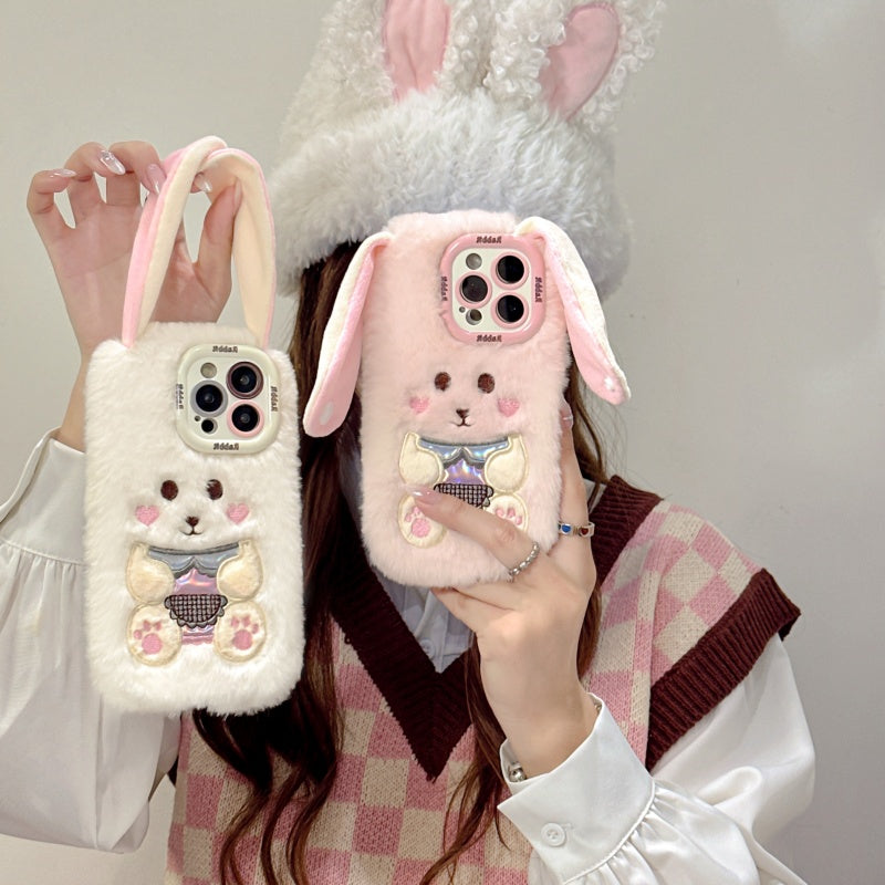 White Big-Ear Bunny Plush iPhone Case With Convertible Strap Ears