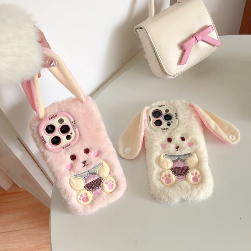 White Big-Ear Bunny Plush iPhone Case With Convertible Strap Ears