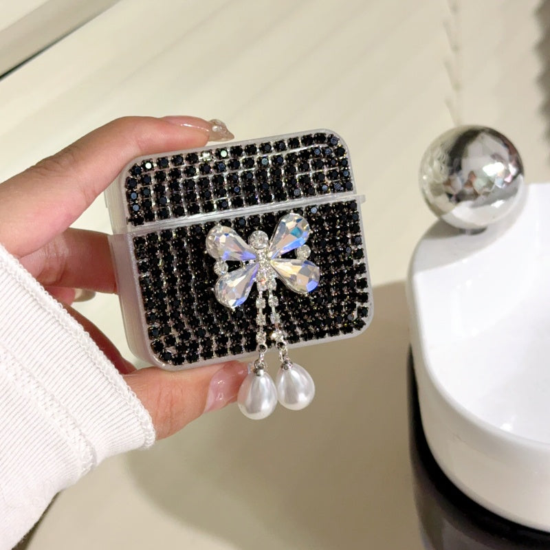 Black Teardrop Rhinestone Butterfly AirPods Case