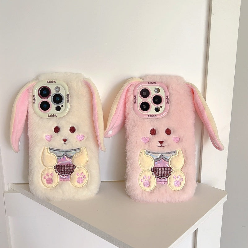 White Big-Ear Bunny Plush iPhone Case With Convertible Strap Ears