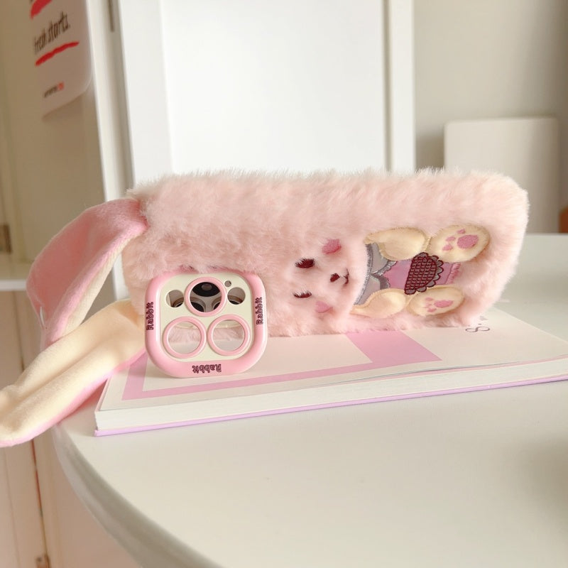 White Big-Ear Bunny Plush iPhone Case With Convertible Strap Ears