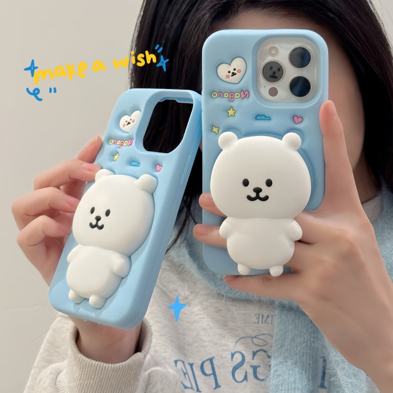 White Self-Deprecating Bear Stand + Blue iPhone Case