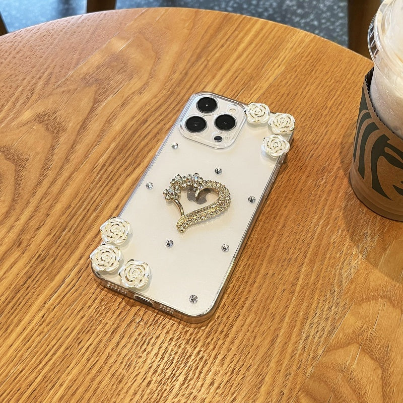 Elegant Flower Rhinestone Heart iPhone Case