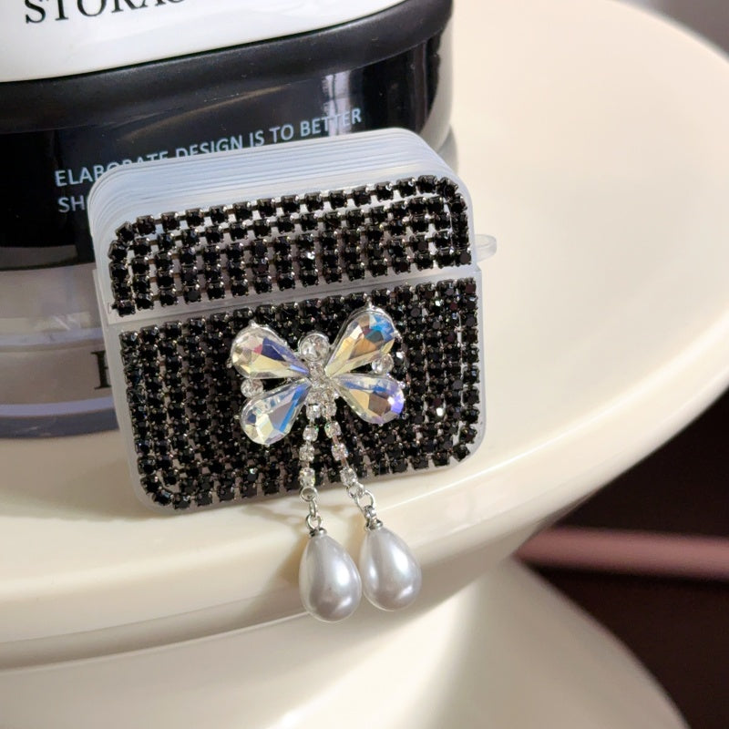 Black Teardrop Rhinestone Butterfly AirPods Case