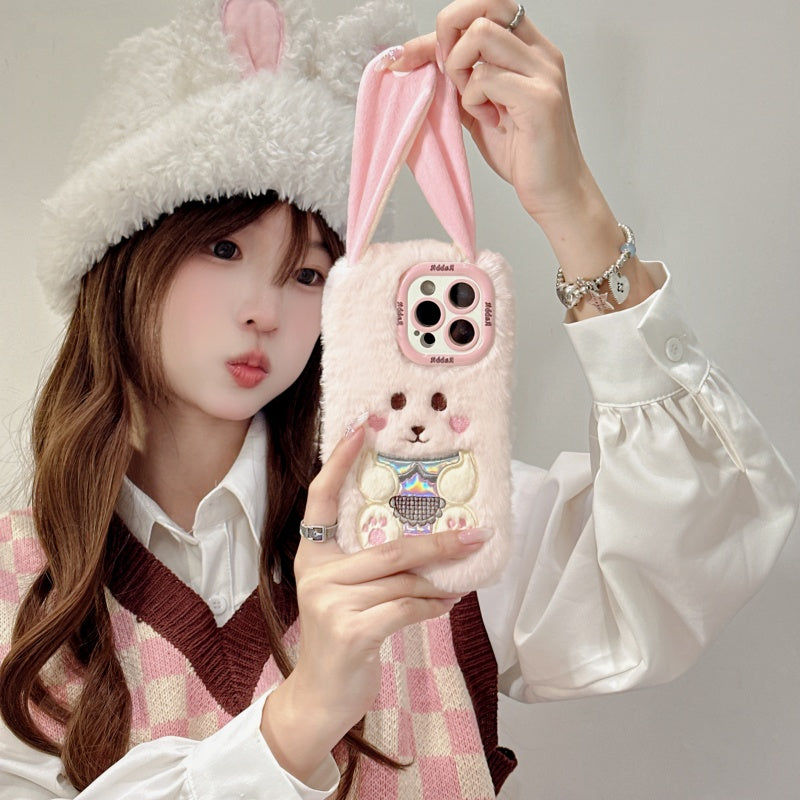 White Big-Ear Bunny Plush iPhone Case With Convertible Strap Ears