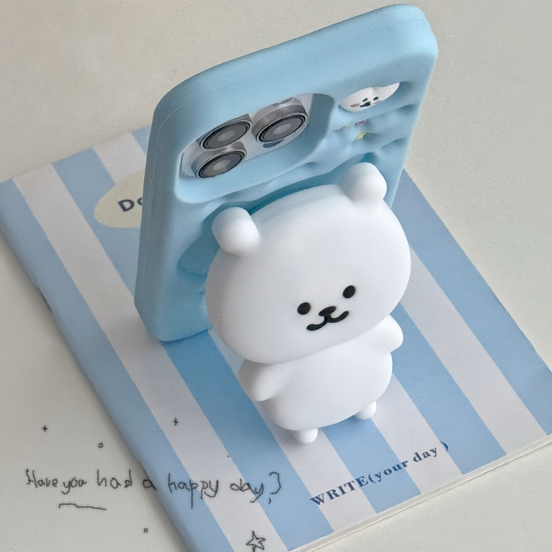 White Self-Deprecating Bear Stand + Blue iPhone Case