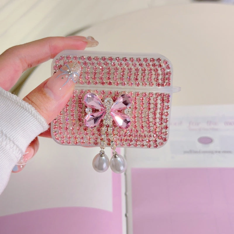 White Teardrop Rhinestone Butterfly AirPods Case