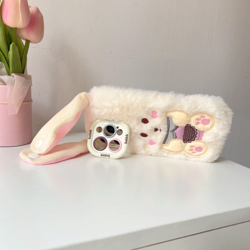 White Big-Ear Bunny Plush iPhone Case With Convertible Strap Ears