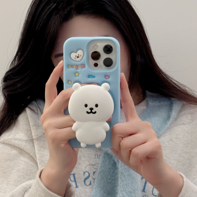 White Self-Deprecating Bear Stand + Blue iPhone Case