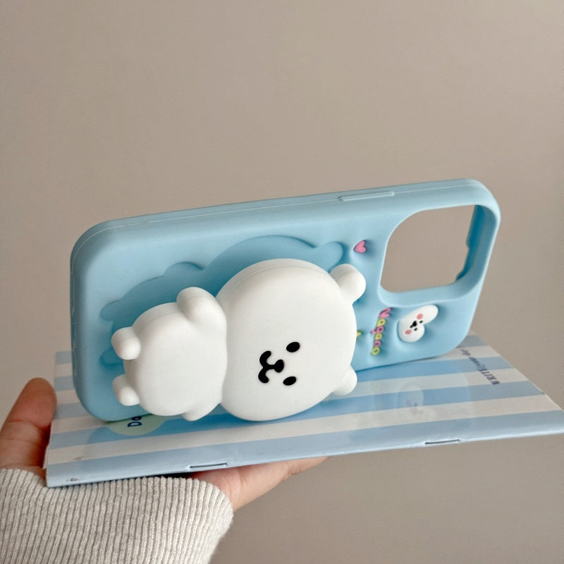 White Self-Deprecating Bear Stand + Blue iPhone Case