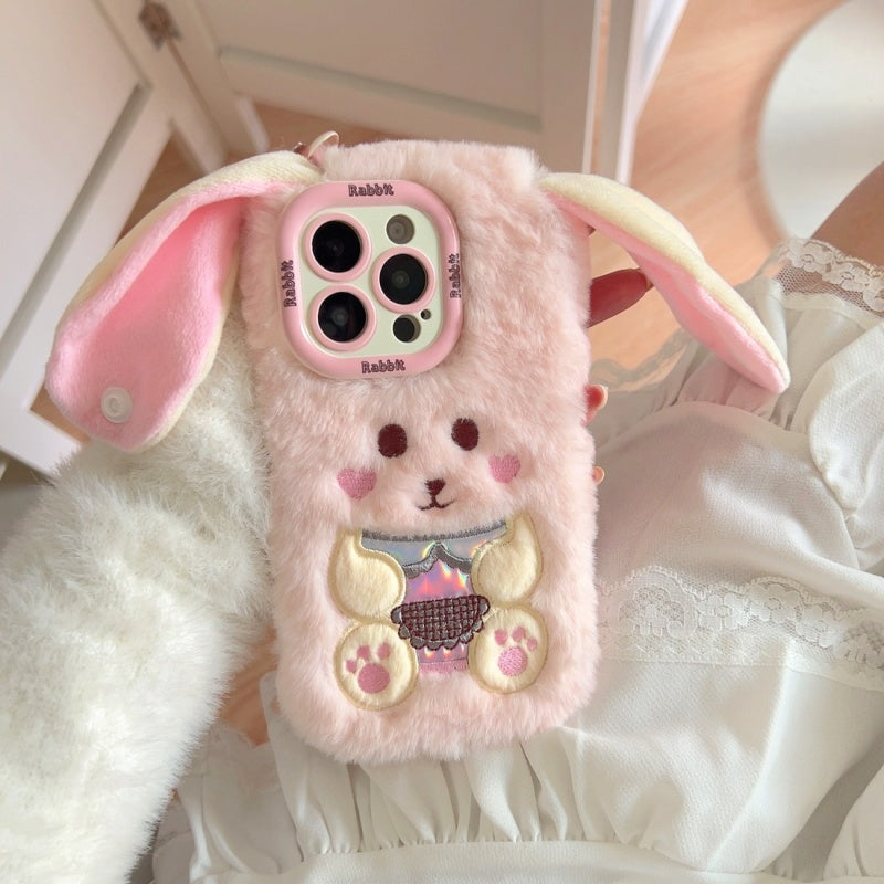 White Big-Ear Bunny Plush iPhone Case With Convertible Strap Ears