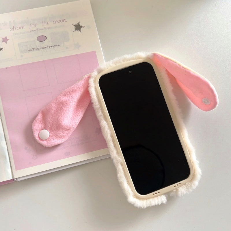 White Big-Ear Bunny Plush iPhone Case With Convertible Strap Ears