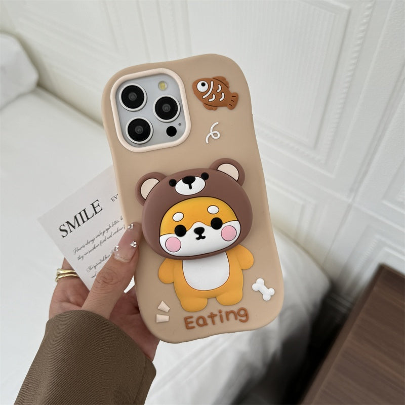 Bear-Hat Shiba Inu Stand & Fish iPhone Case