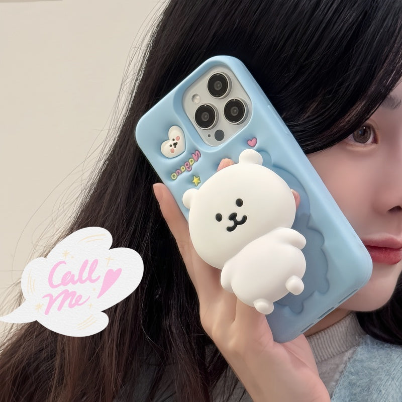 White Self-Deprecating Bear Stand + Blue iPhone Case