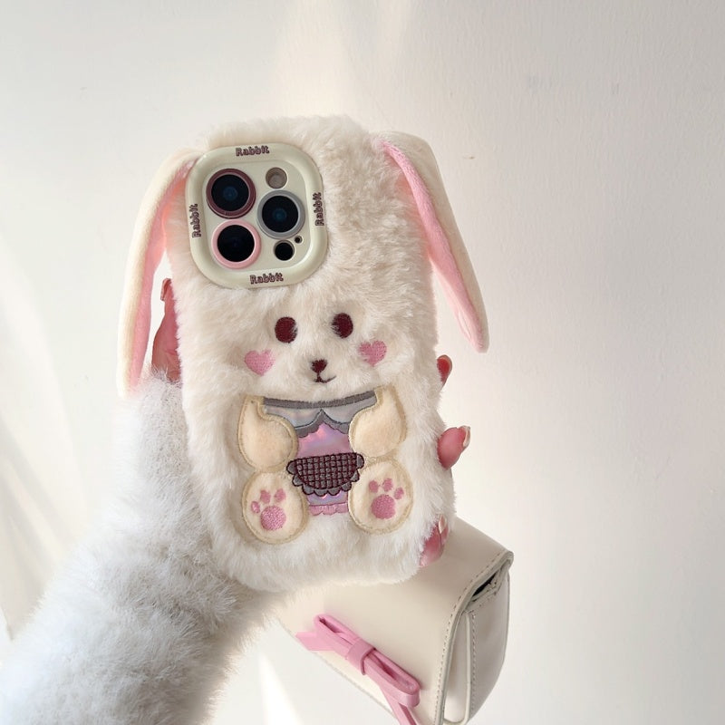 White Big-Ear Bunny Plush iPhone Case With Convertible Strap Ears