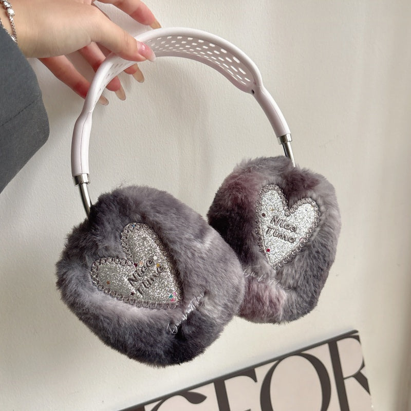Glitter Heart Plush Gray AirPods Max Case