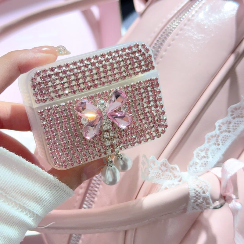 White Teardrop Rhinestone Butterfly AirPods Case