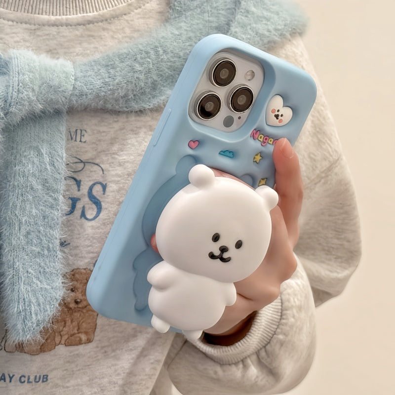White Self-Deprecating Bear Stand + Blue iPhone Case