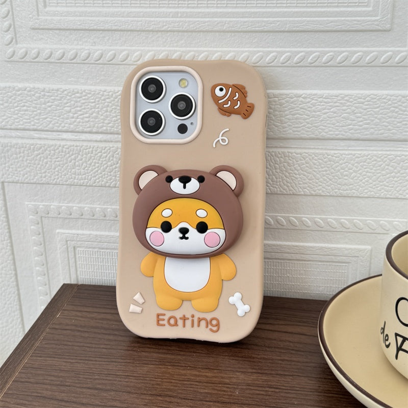 Bear-Hat Shiba Inu Stand & Fish iPhone Case