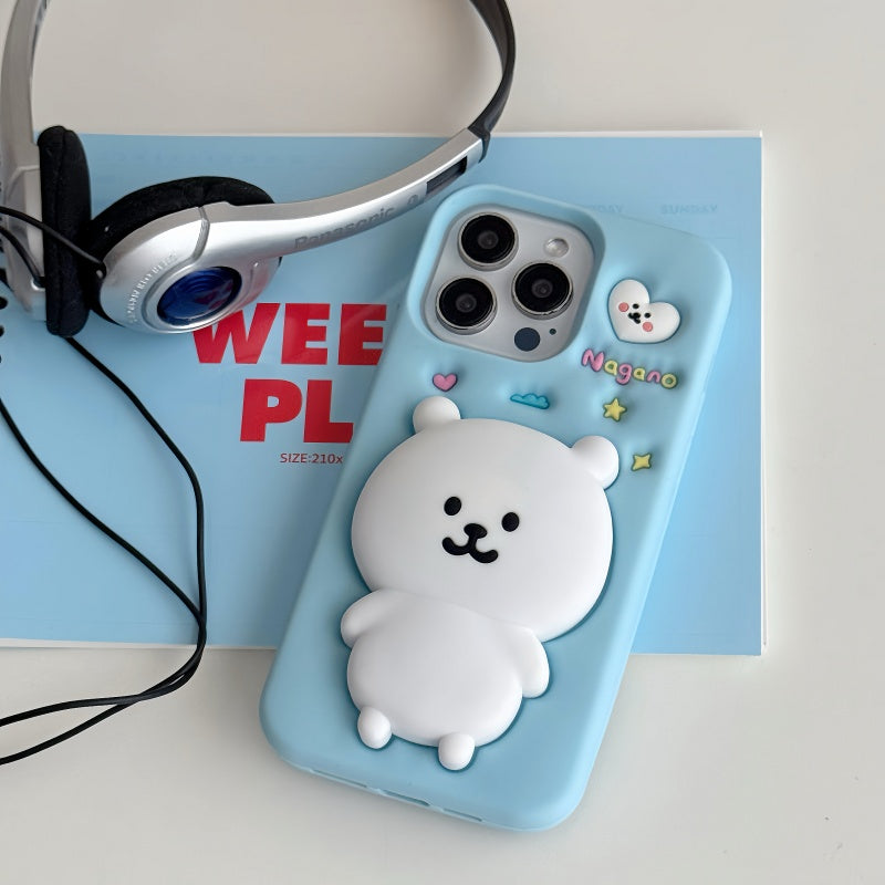 White Self-Deprecating Bear Stand + Blue iPhone Case