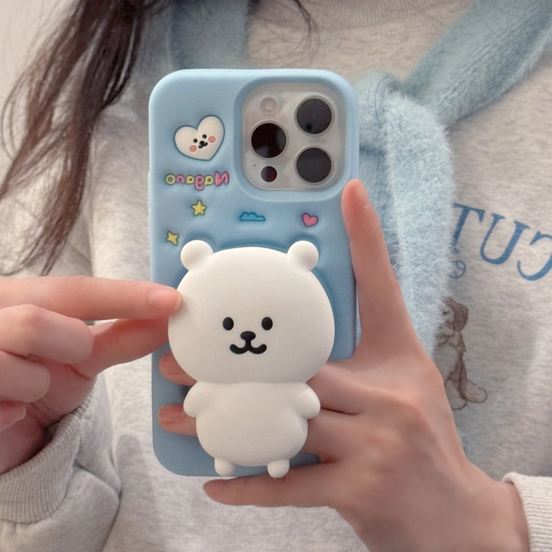 White Self-Deprecating Bear Stand + Blue iPhone Case