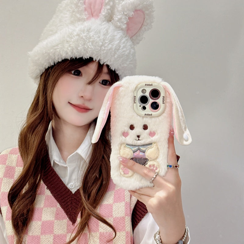 White Big-Ear Bunny Plush iPhone Case With Convertible Strap Ears