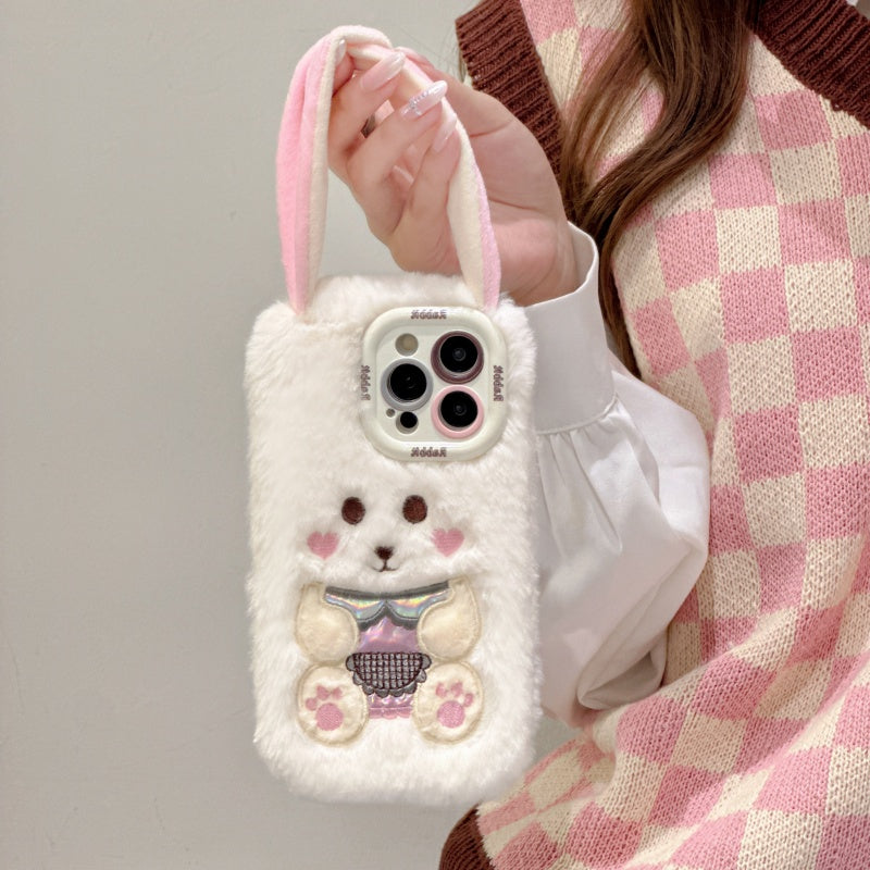 White Big-Ear Bunny Plush iPhone Case With Convertible Strap Ears