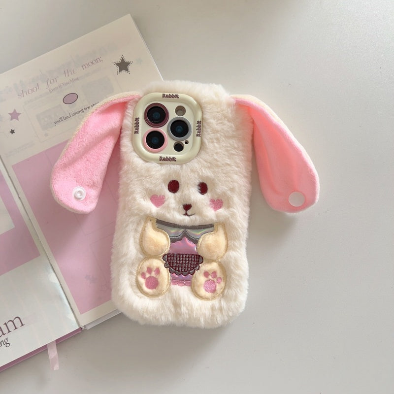 White Big-Ear Bunny Plush iPhone Case With Convertible Strap Ears