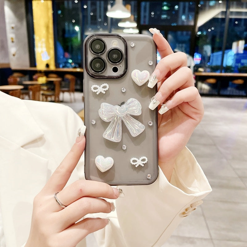 White Elegant Bow Heart Pearl iPhone Case