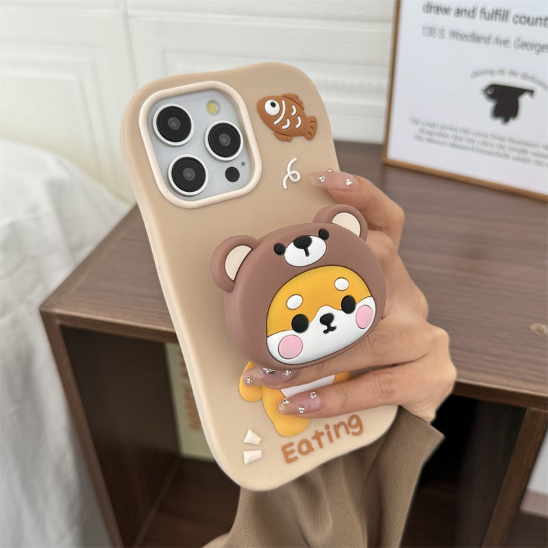 Bear-Hat Shiba Inu Stand & Fish iPhone Case