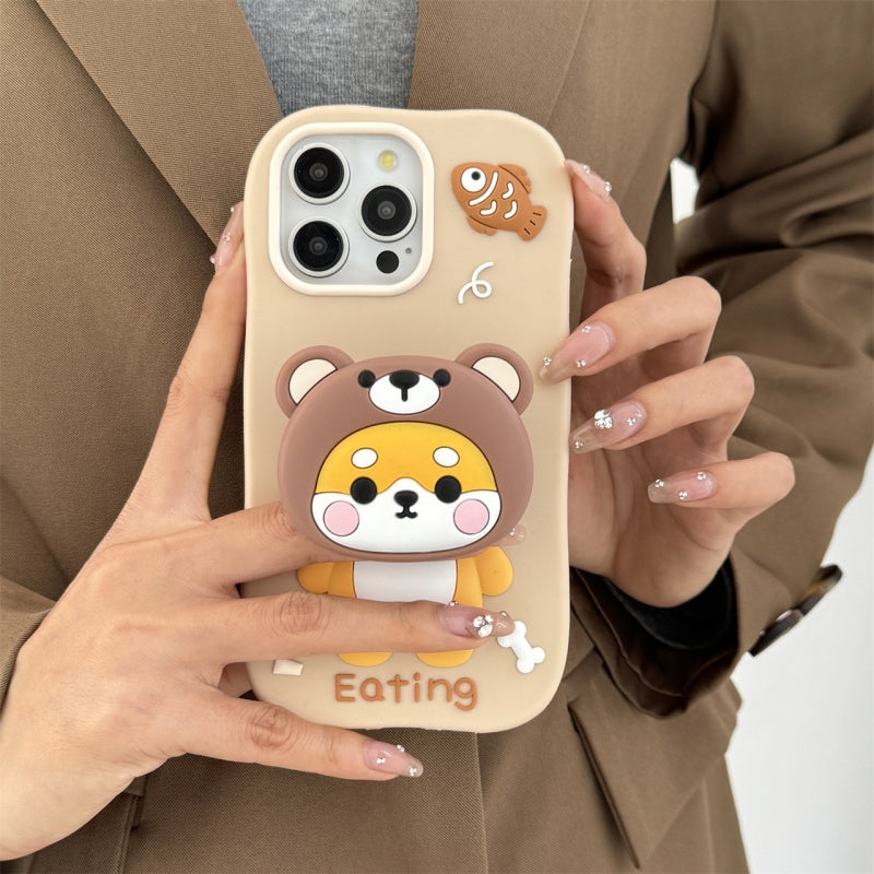 Bear-Hat Shiba Inu Stand & Fish iPhone Case