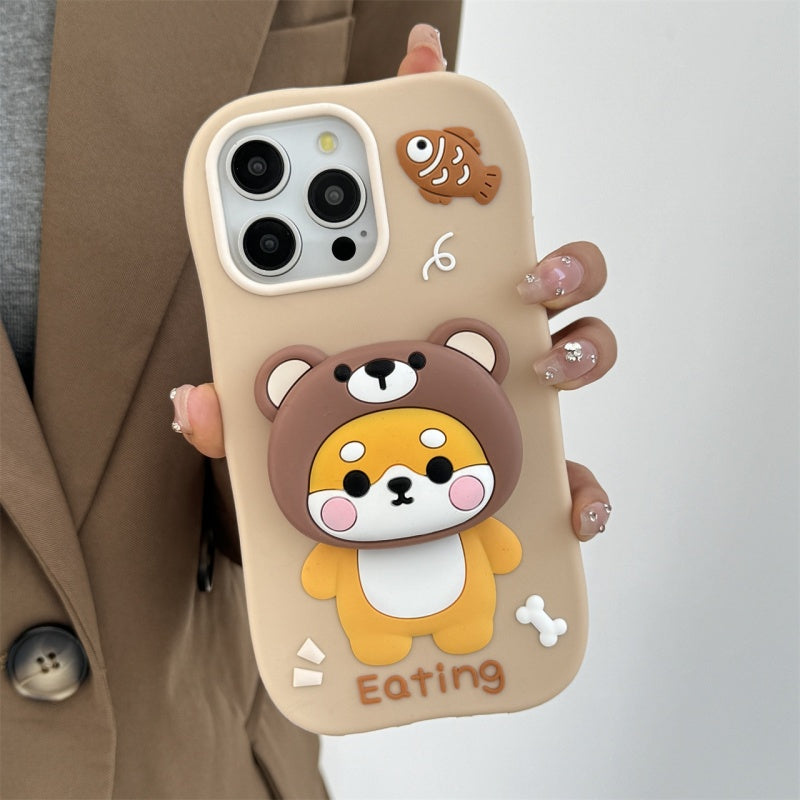 Bear-Hat Shiba Inu Stand & Fish iPhone Case