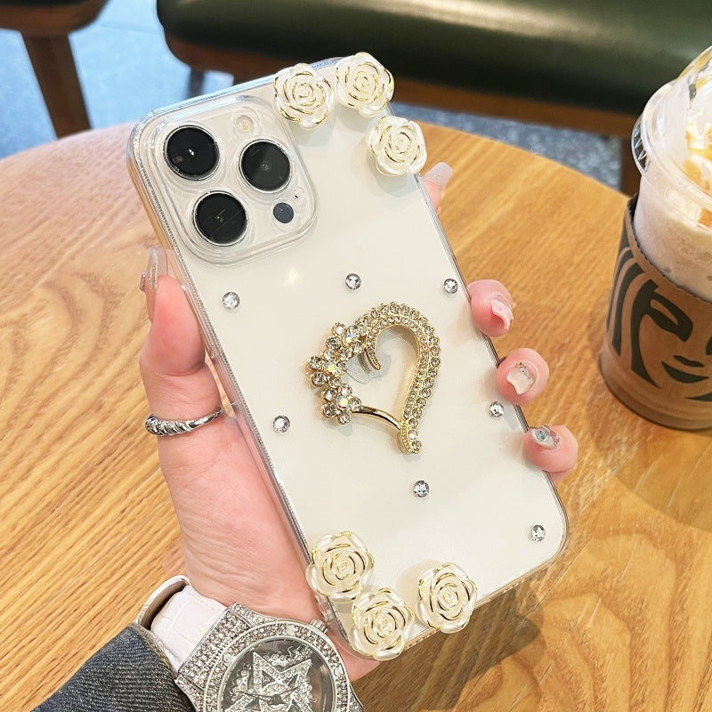Elegant Flower Rhinestone Heart iPhone Case