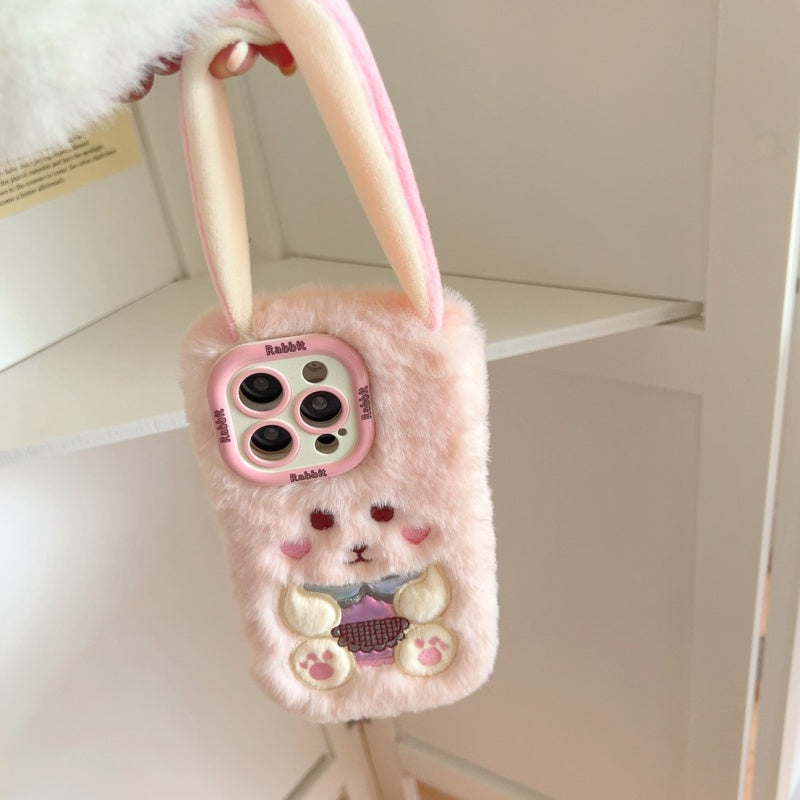 White Big-Ear Bunny Plush iPhone Case With Convertible Strap Ears