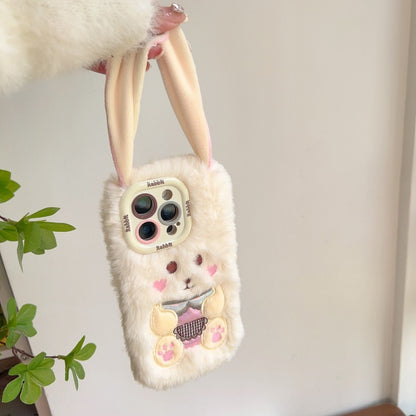 White Big-Ear Bunny Plush iPhone Case With Convertible Strap Ears
