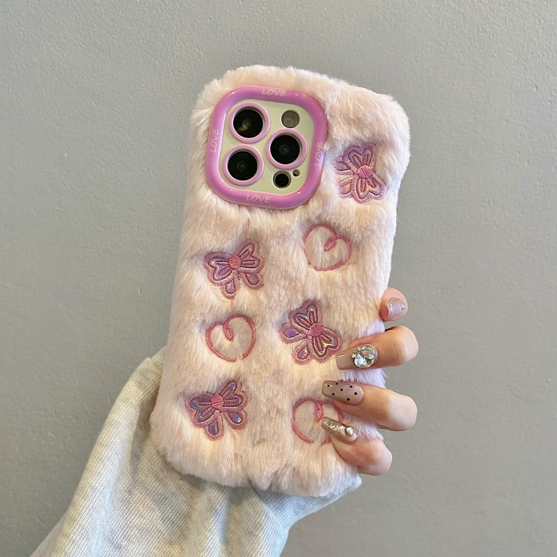 White Butterfly & Heart Plush iPhone Case With Stand