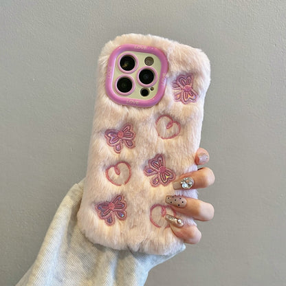 White Butterfly & Heart Plush iPhone Case With Stand