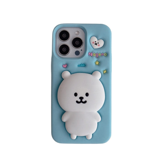 White Self-Deprecating Bear Stand + Blue iPhone Case