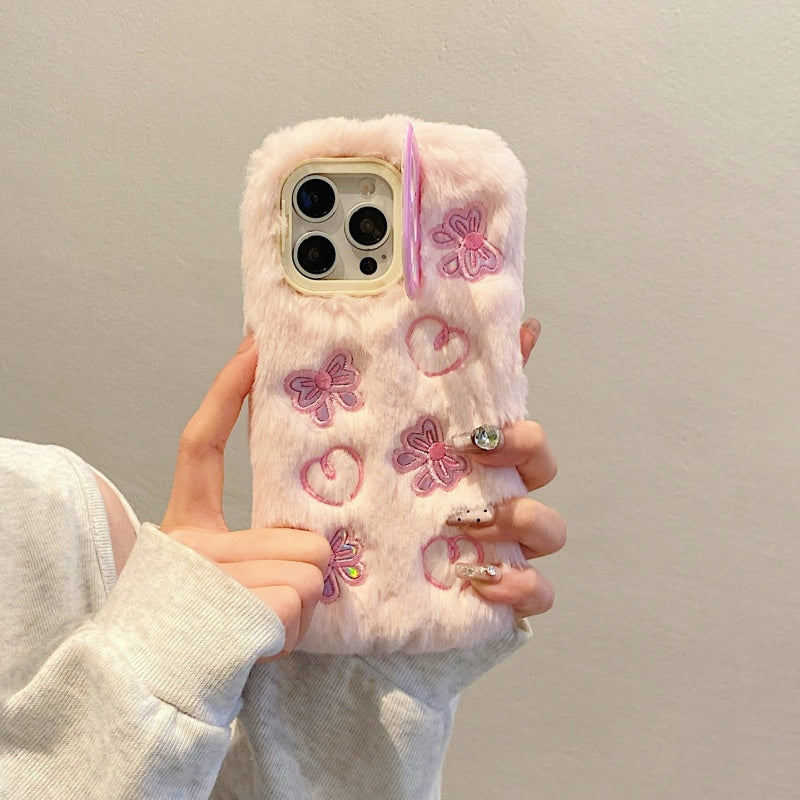 Pink Butterfly & Heart Plush iPhone Case With Stand
