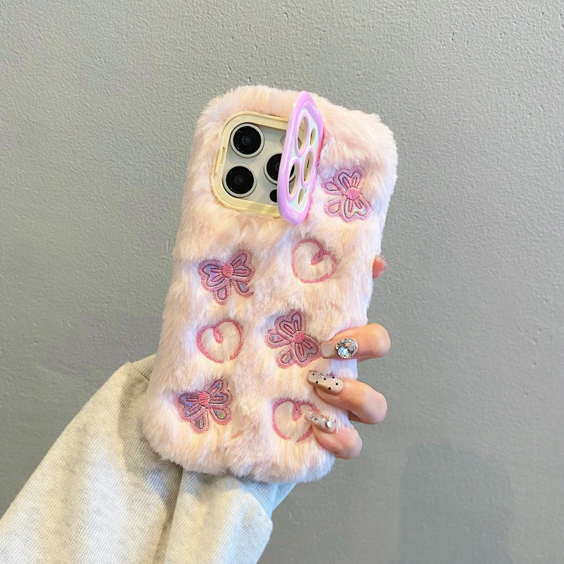 White Butterfly & Heart Plush iPhone Case With Stand