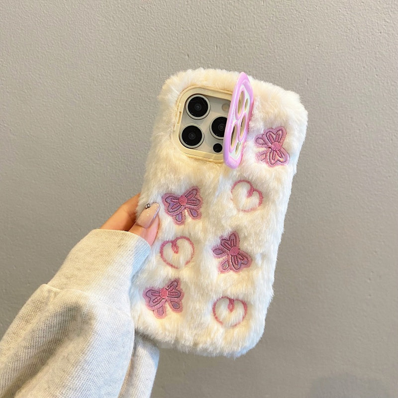 Pink Butterfly & Heart Plush iPhone Case With Stand