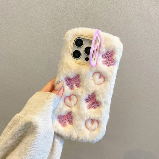 White Butterfly & Heart Plush iPhone Case With Stand