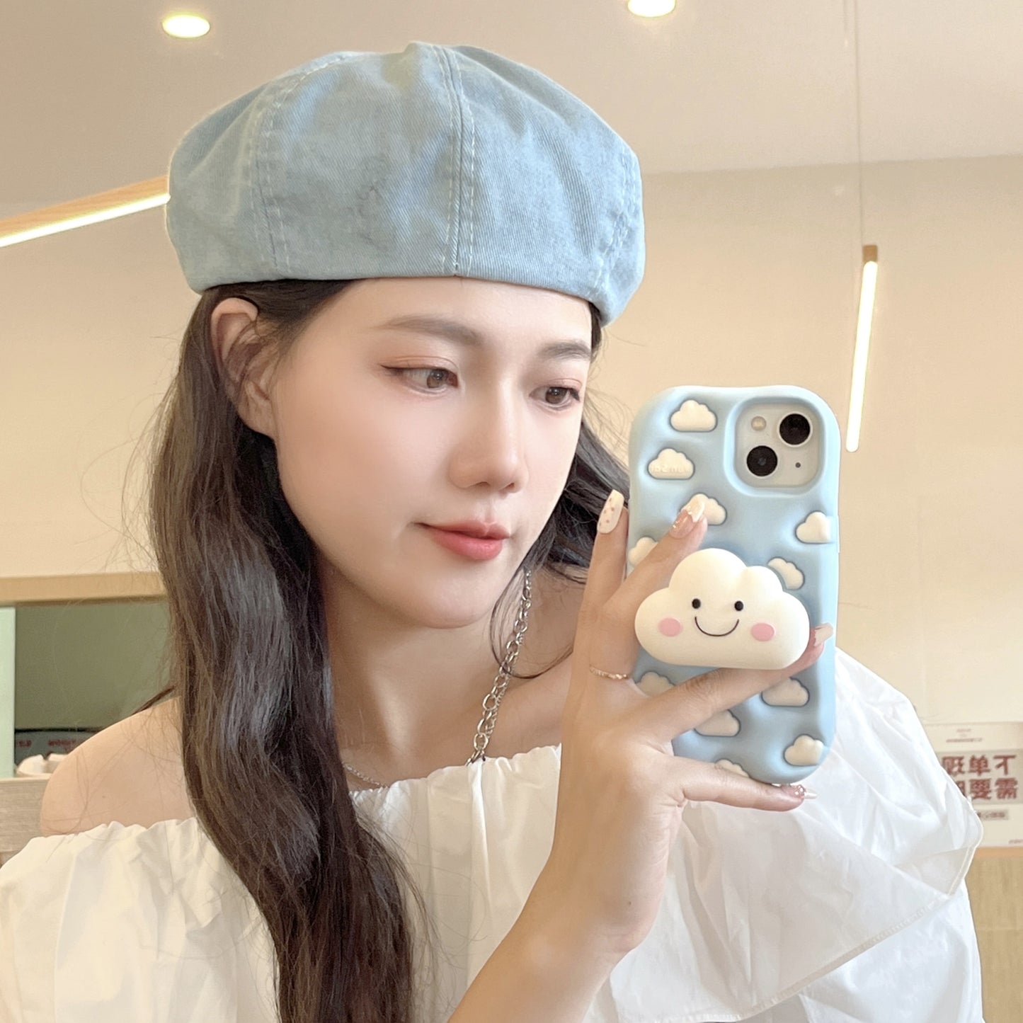 Cute White Cloud Stand Sky Blue iPhone Case