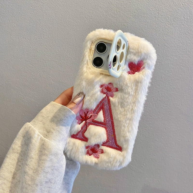 White Fuzzy Letter A with Flowers iPhone Case