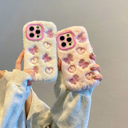 White Butterfly & Heart Plush iPhone Case With Stand