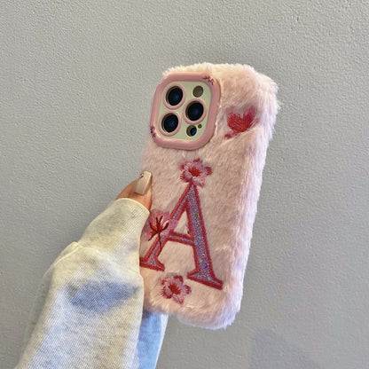 Pink Fuzzy Letter A with Flowers iPhone Case