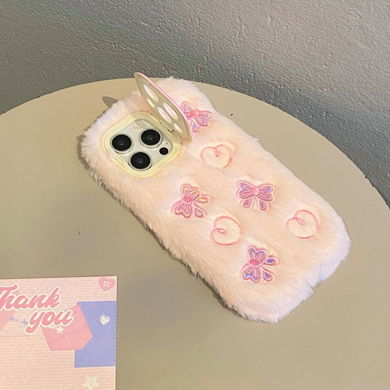 Pink Butterfly & Heart Plush iPhone Case With Stand